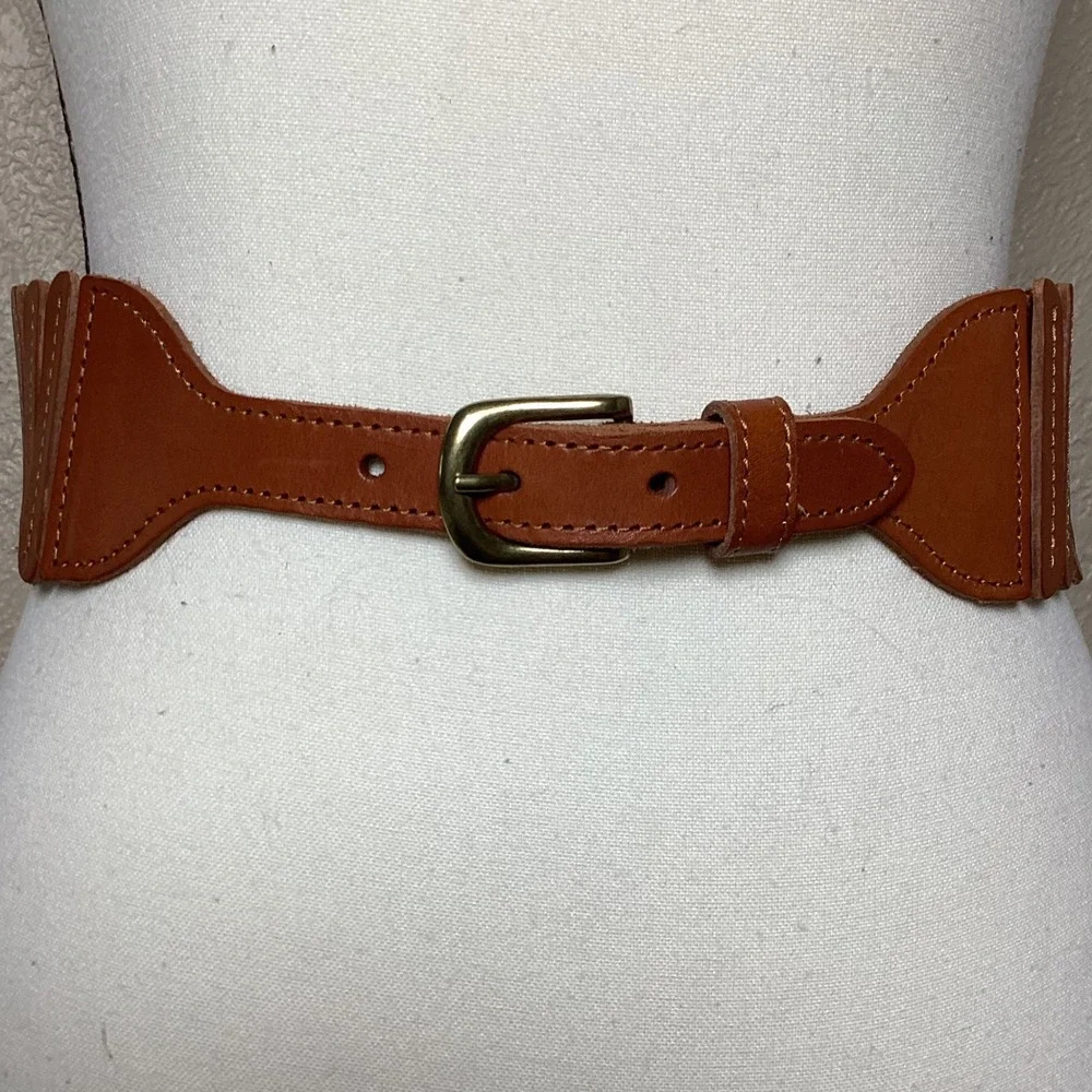 Anthropologie Cognac Brown Leather Wide Segmented Waist Cinch Belt XS Brass Buck - Picture 2 of 8